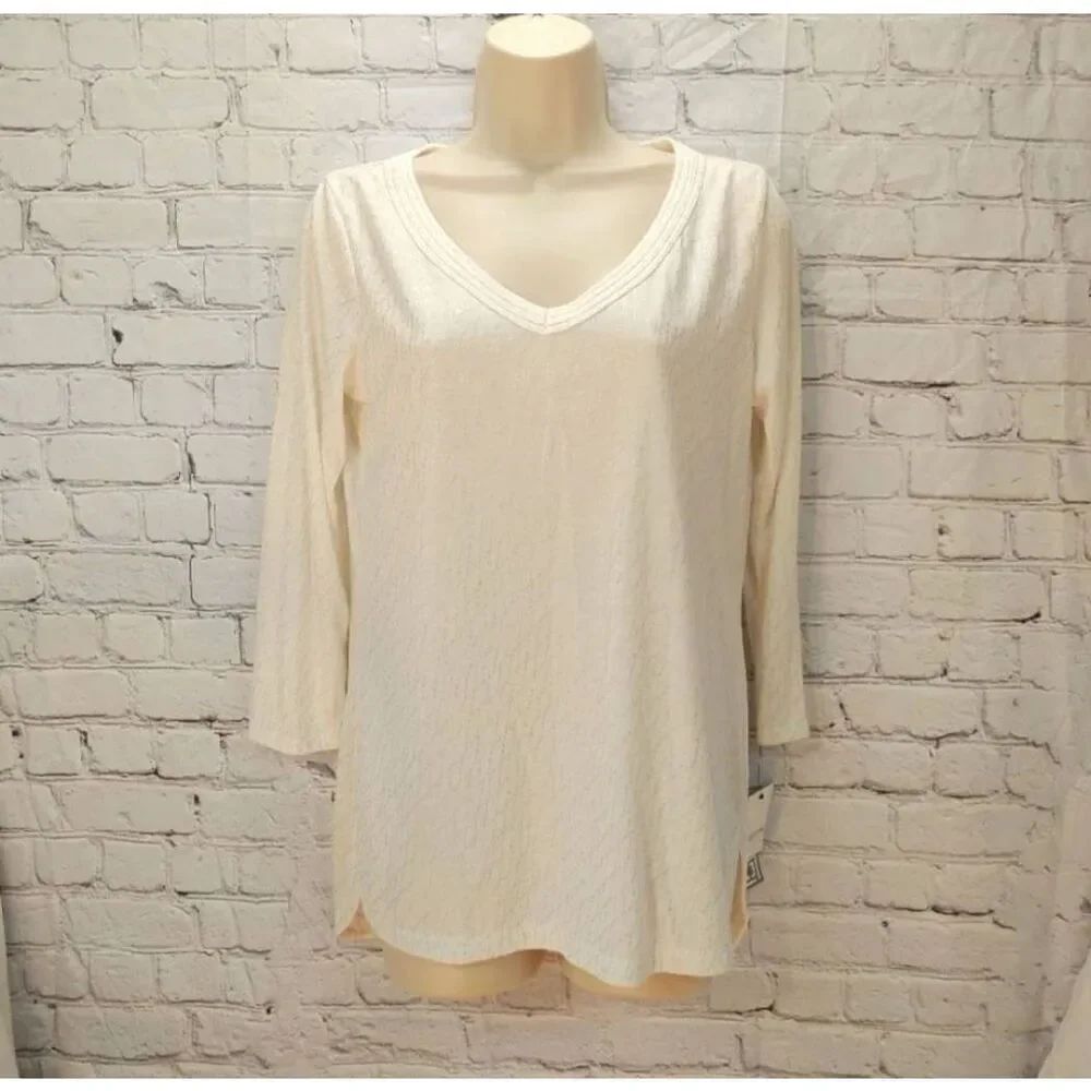 Liz Claiborne Women's Size Small White/Silver Hi-Lo Blouse